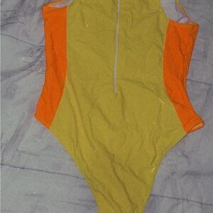Orange and Olive Women Swim One Piece